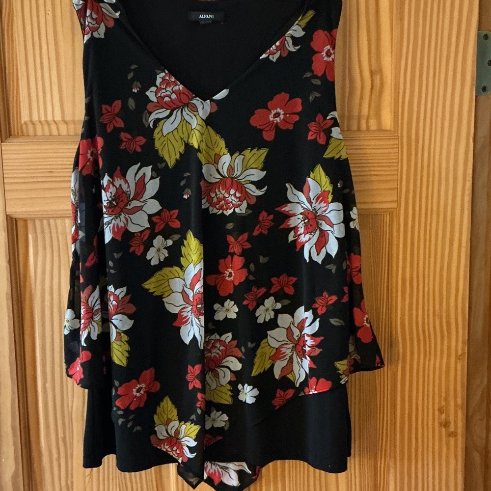 Alfani Black Floral V-Neck Camisole with Red and Yellow Blooms